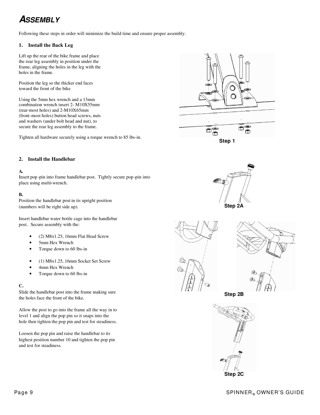 Star Trac 7060, 7090, 7080, 7070 manual Assembly, Install the Back Leg 