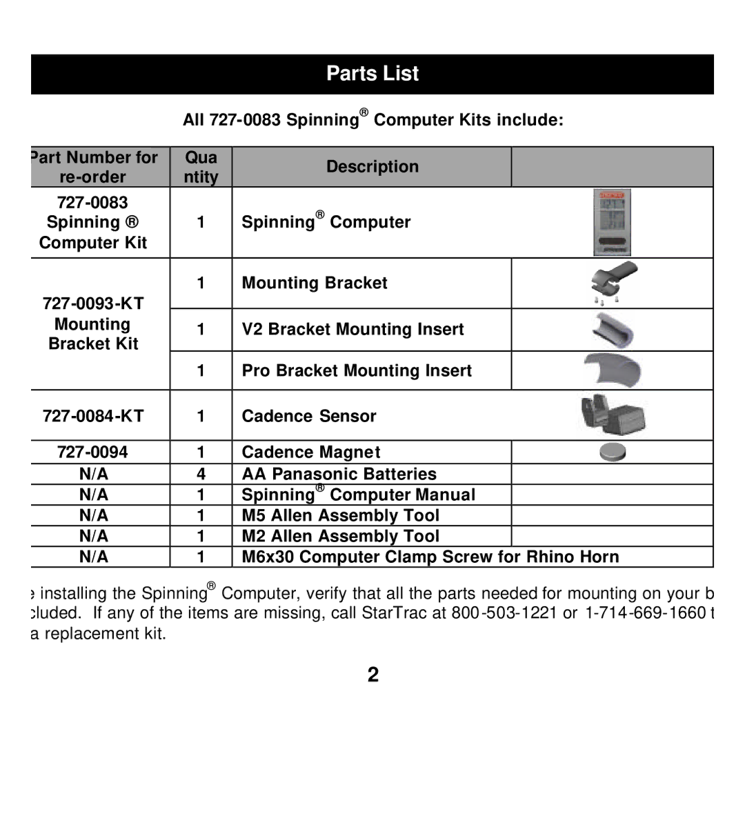 Star Trac 727-0083 manual Parts List 