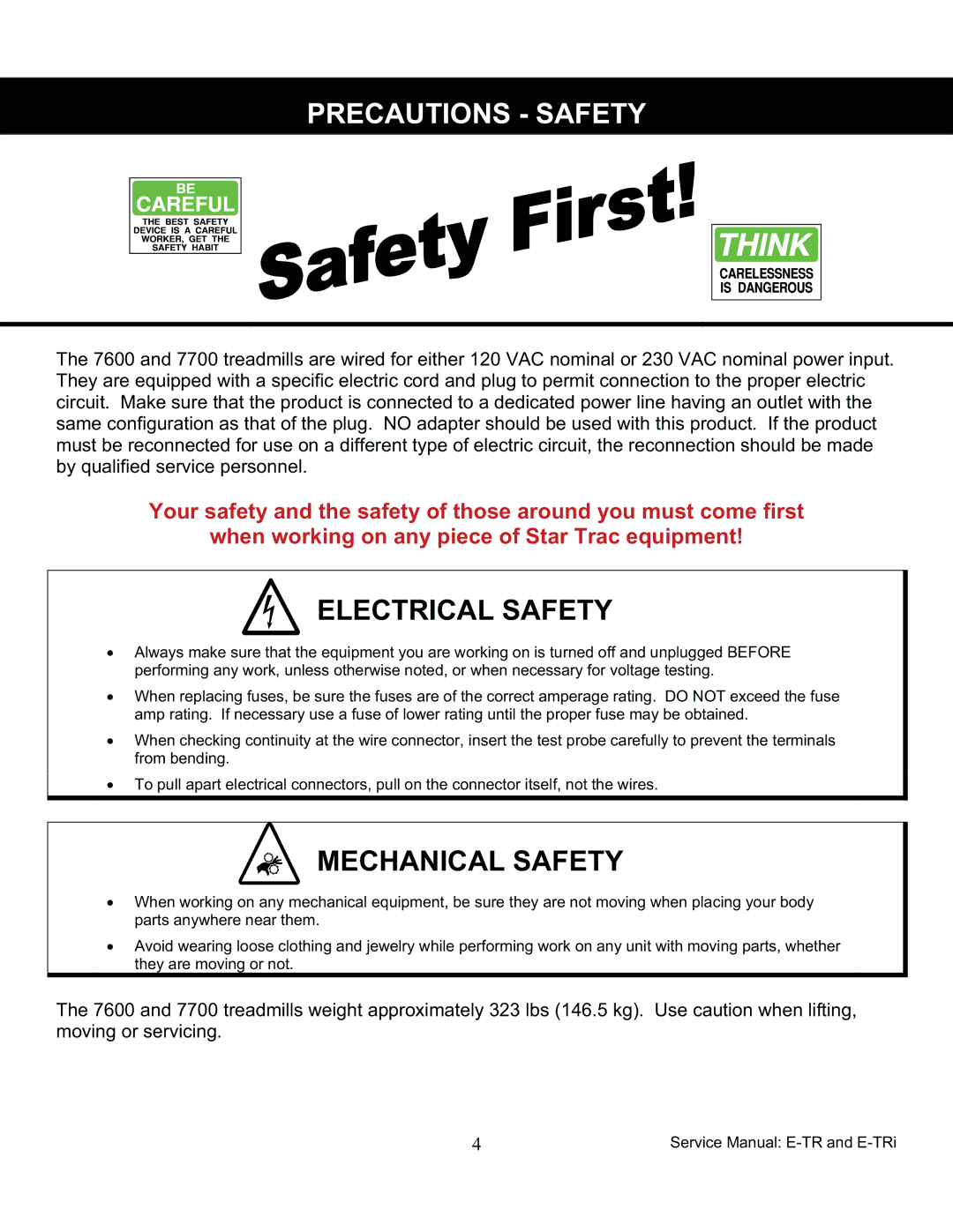 Star Trac 7600, 7700 manual Precautions Safety, Electrical Safety 