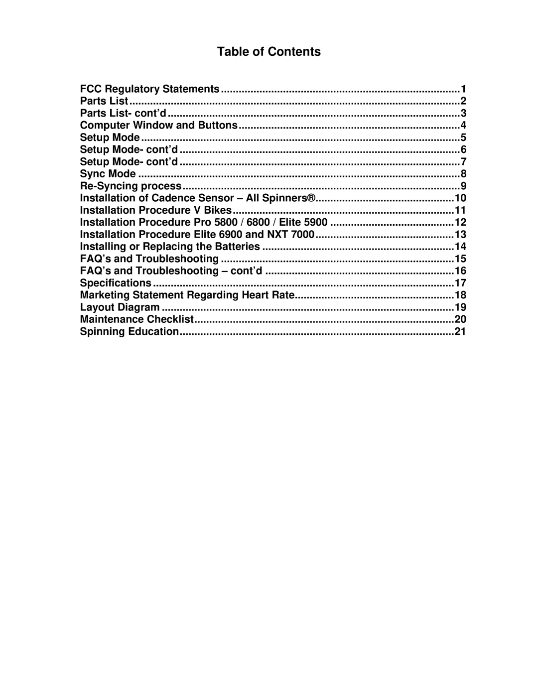 Star Trac Bike Computer manual Table of Contents 