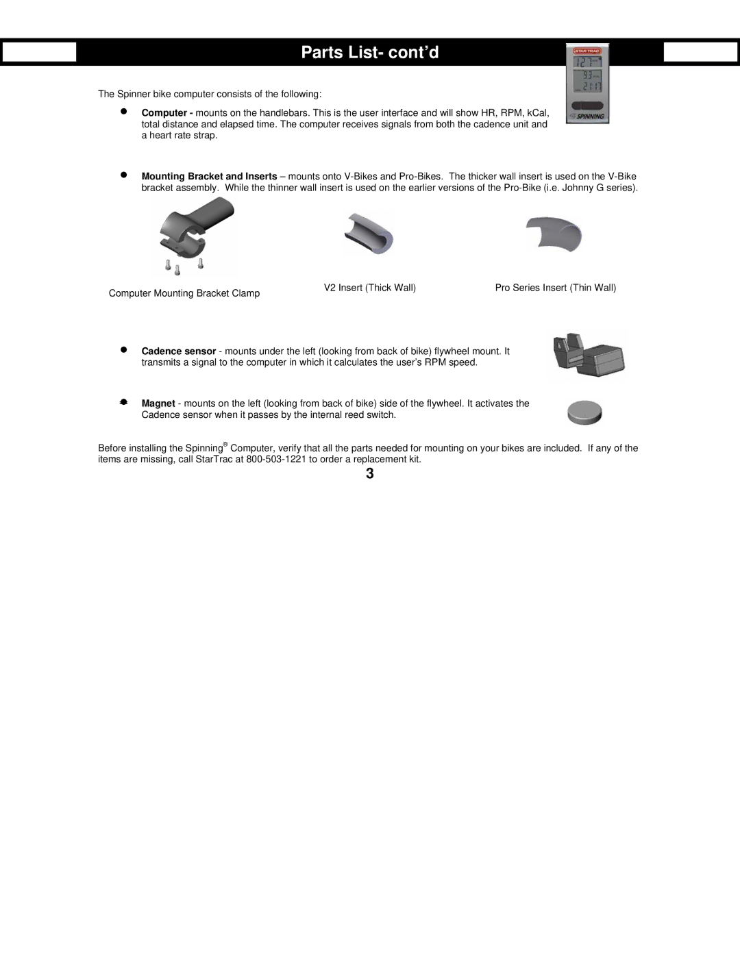 Star Trac Bike Computer manual Parts List- cont’d 