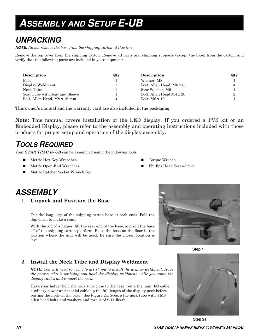 Star Trac E- RB 8110, E- UB 8100 manual Assembly and Setup E-UB, Unpacking, Unpack and Position the Base 