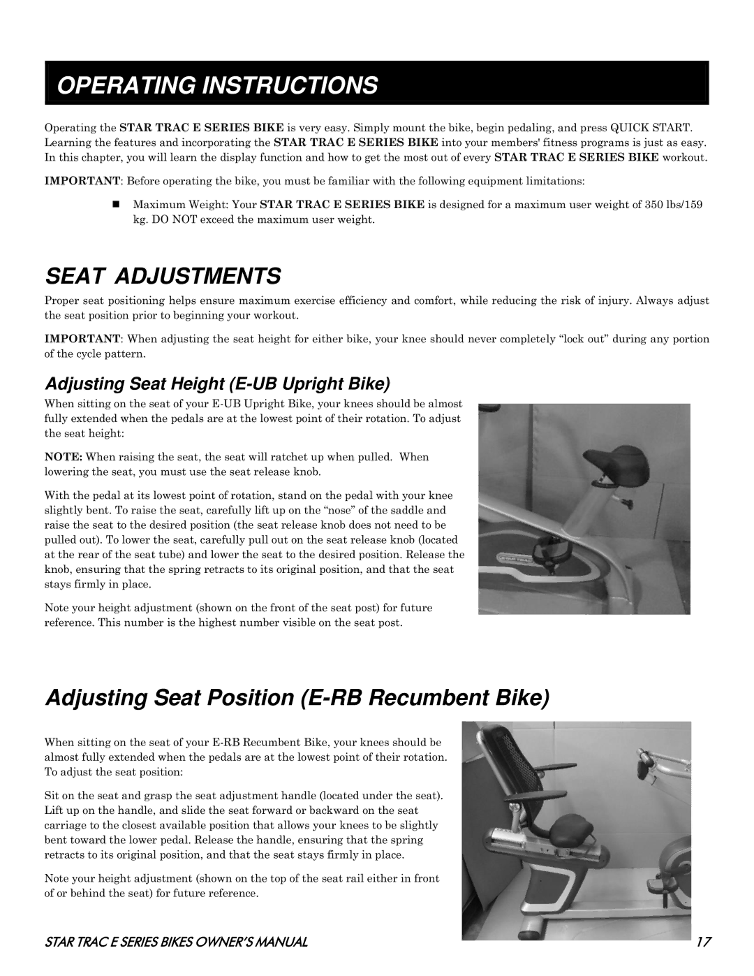 Star Trac E- UB 8100, E- RB 8110 manual Operating Instructions, Seat Adjustments 