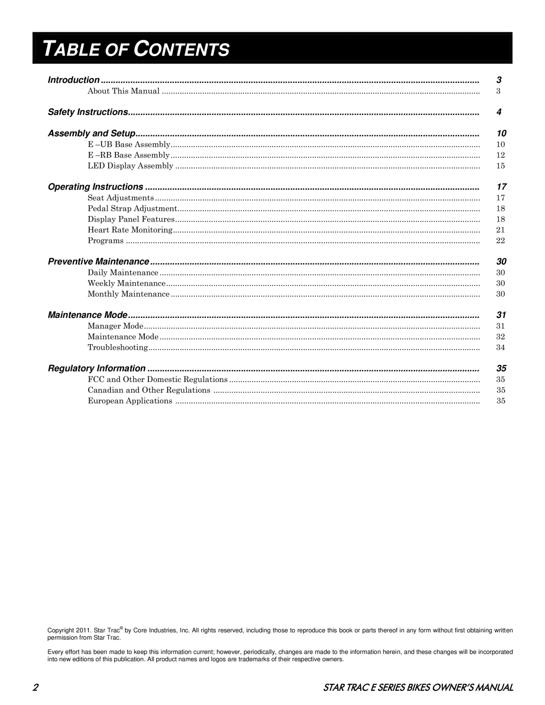 Star Trac E- RB 8110, E- UB 8100 manual Table of Contents 