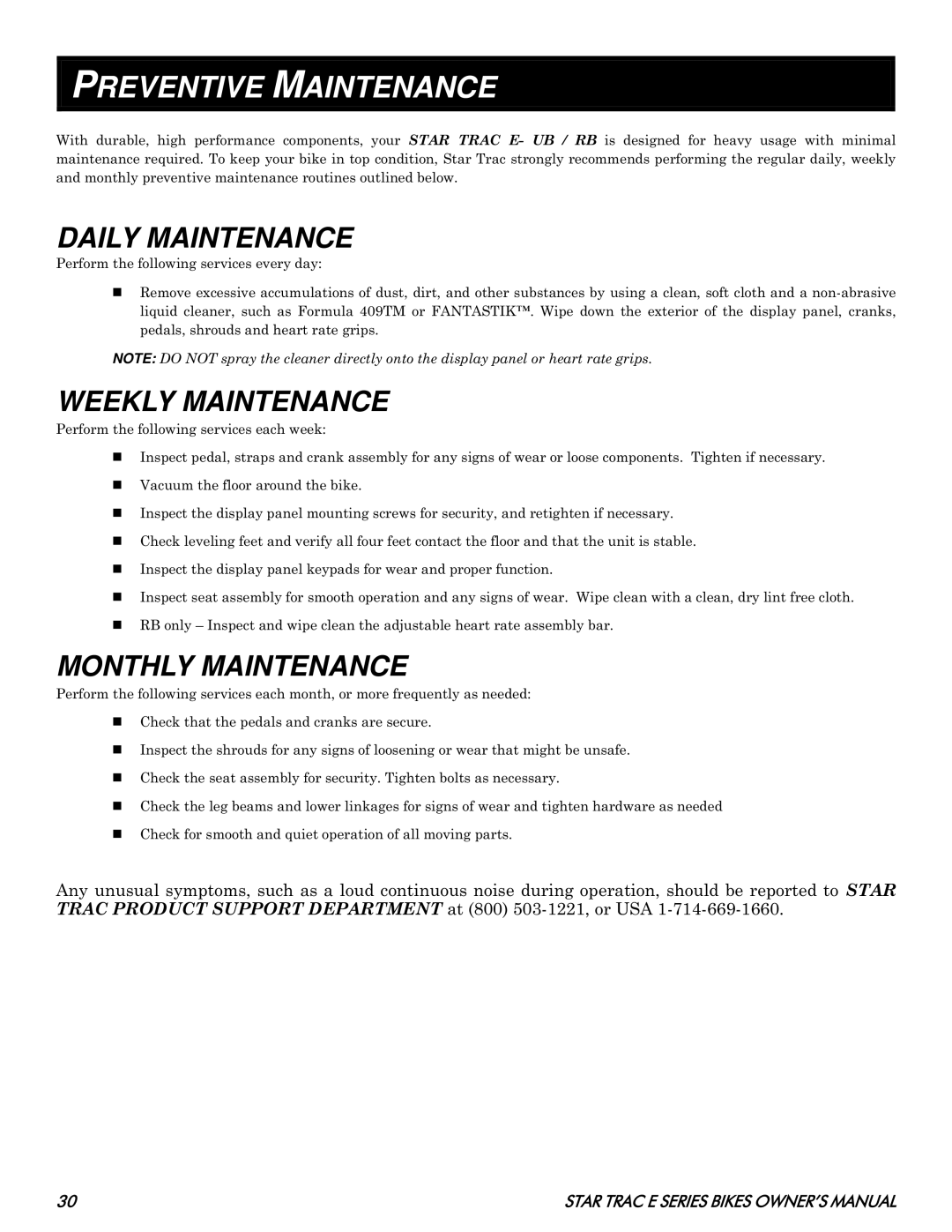 Star Trac E- RB 8110, E- UB 8100 manual Preventive Maintenance, Daily Maintenance, Weekly Maintenance, Monthly Maintenance 