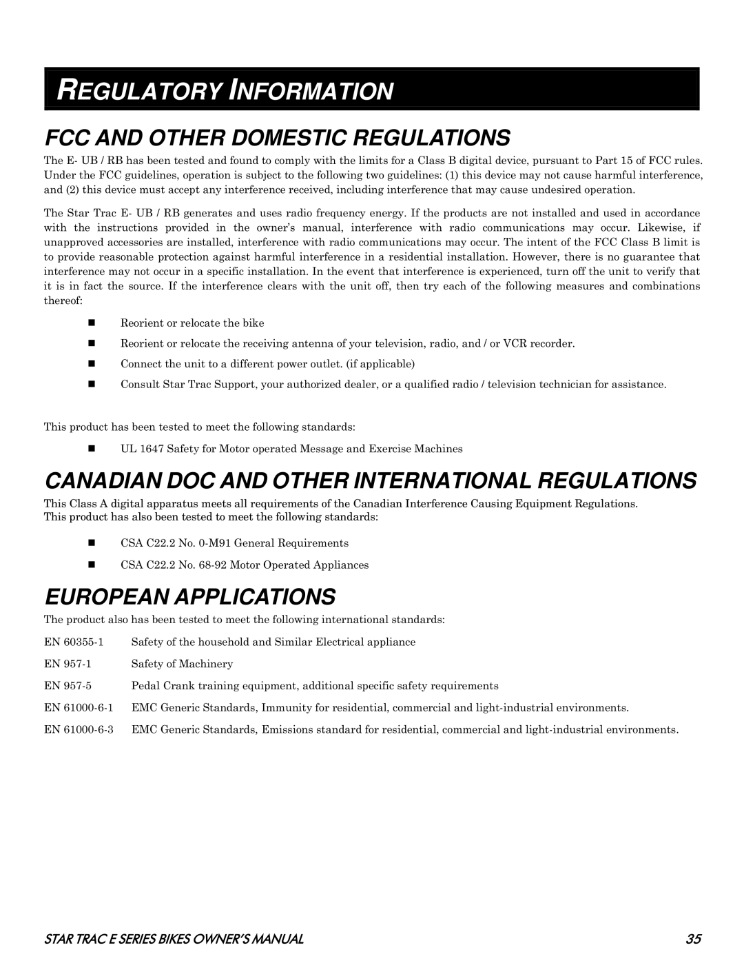 Star Trac E- UB 8100, E- RB 8110 manual Regulatory Information, FCC and Other Domestic Regulations, European Applications 