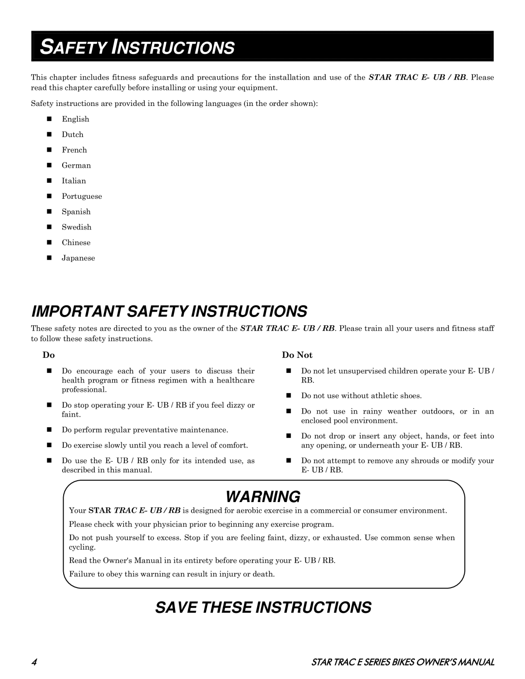 Star Trac E- RB 8110, E- UB 8100 manual Important Safety Instructions, Do Not 