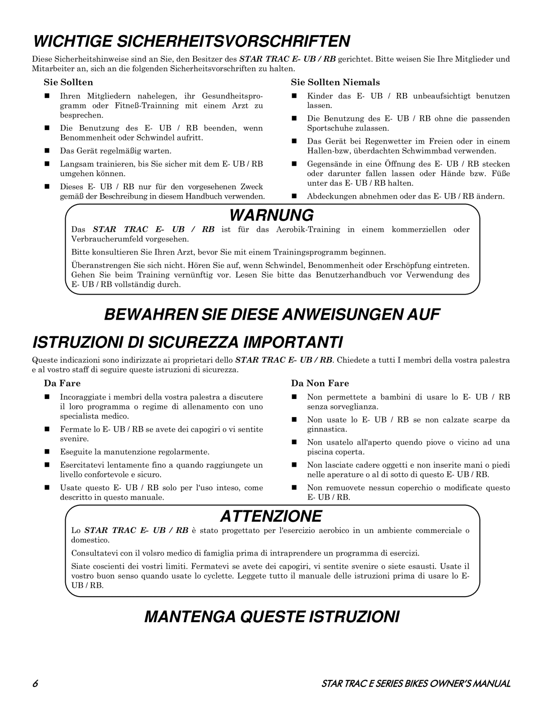 Star Trac E- RB 8110, E- UB 8100 manual Wichtige Sicherheitsvorschriften, Warnung, Attenzione, Mantenga Queste Istruzioni 