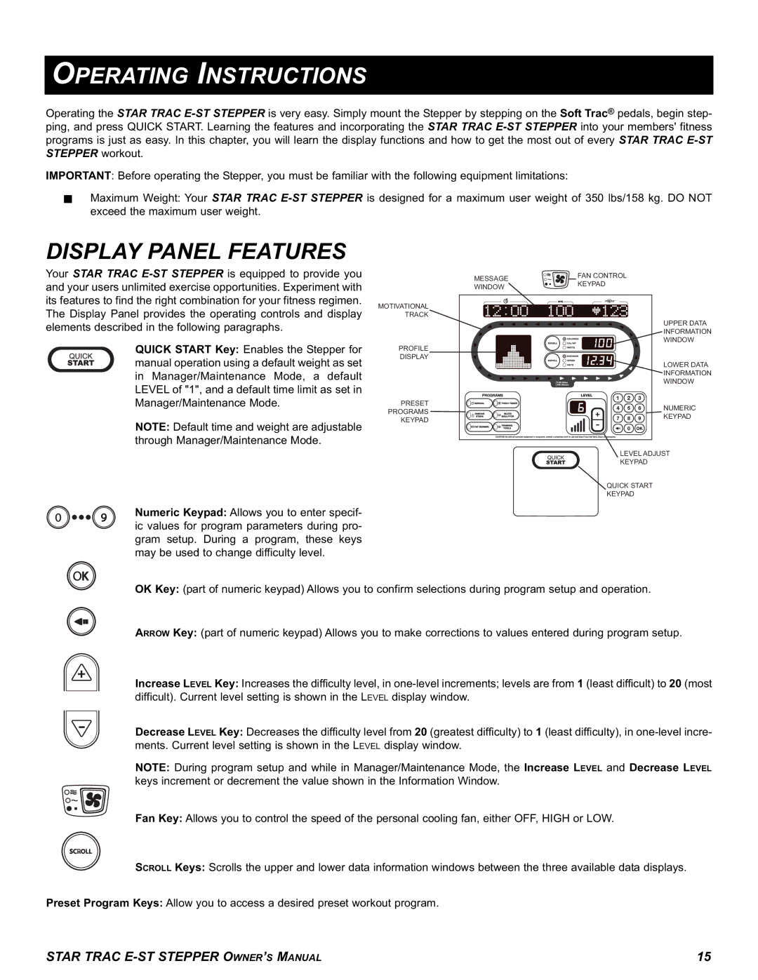 Star Trac E-ST manual Operating Instructions, Display Panel Features 