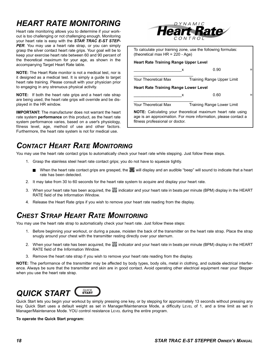 Star Trac E-ST manual Quick Start, Contact Heart Rate Monitoring, Chest Strap Heart Rate Monitoring 