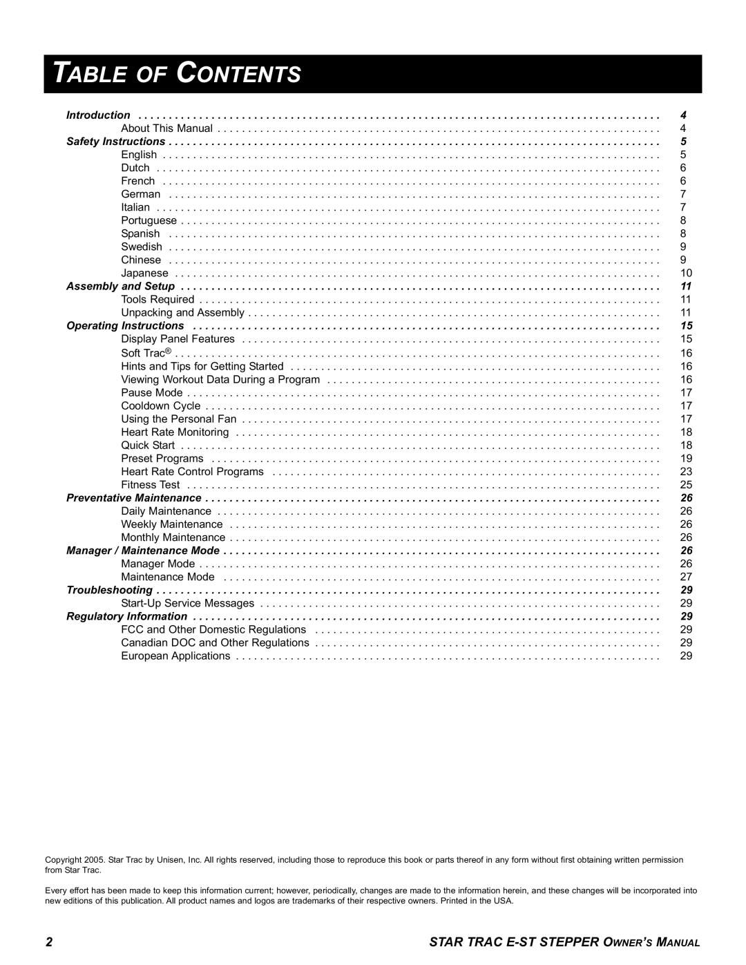 Star Trac E-ST manual Table of Contents 