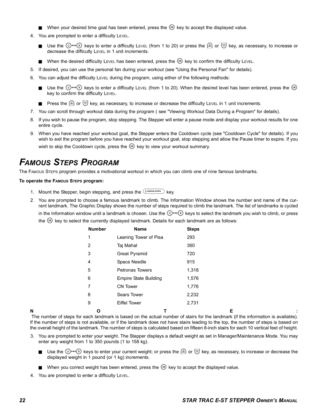 Star Trac E-ST manual Famous Steps Program, To operate the Famous Steps program, Number Name 