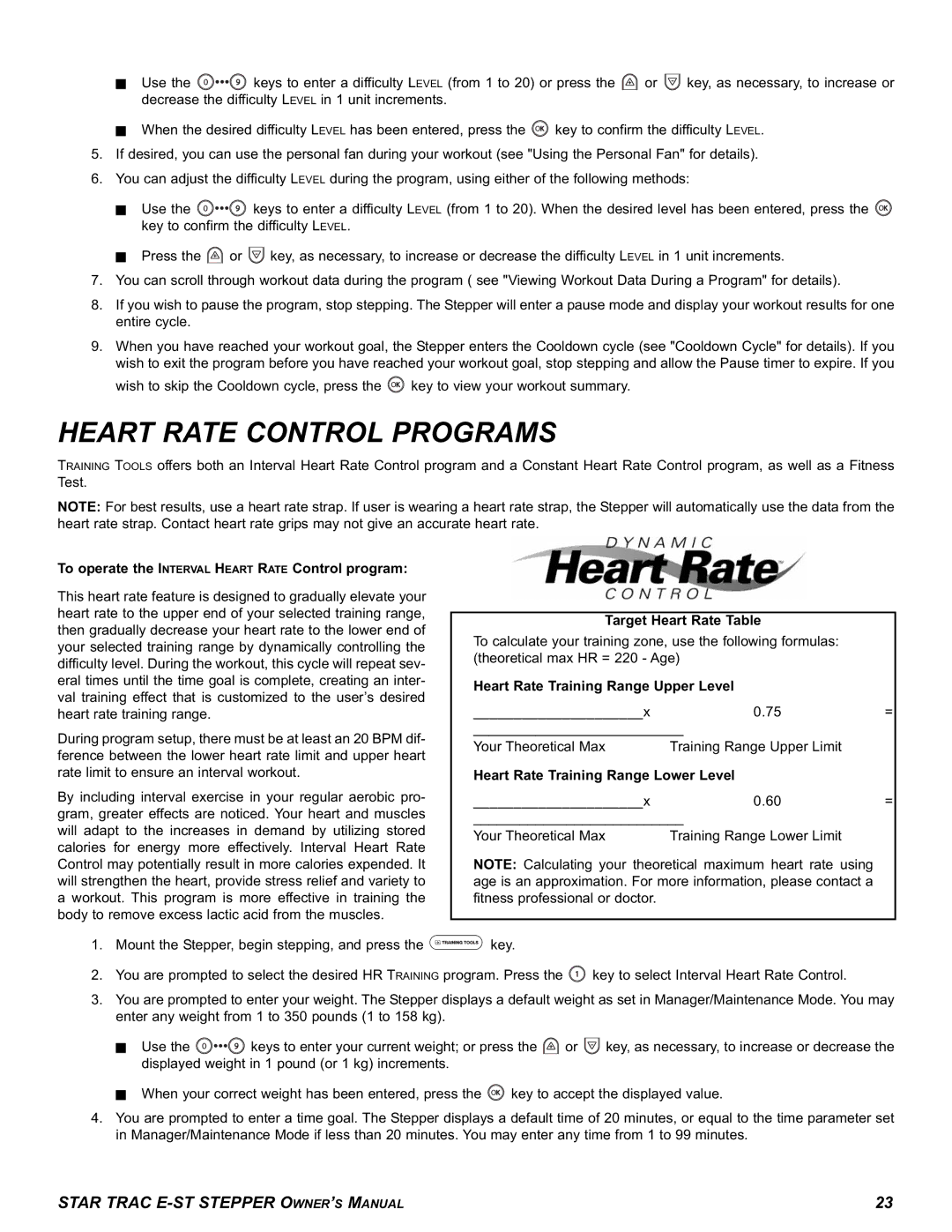 Star Trac E-ST Heart Rate Control Programs, To operate the Interval Heart Rate Control program, Target Heart Rate Table 