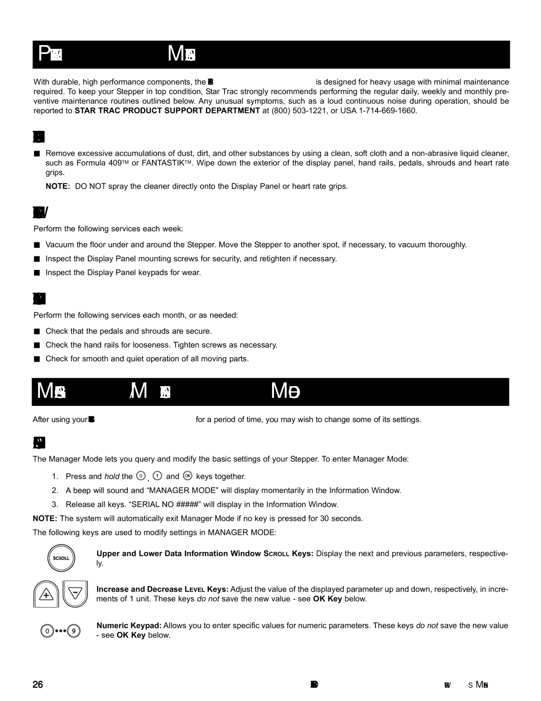 Star Trac E-ST manual Preventative Maintenance, Manager / Maintenance Mode 