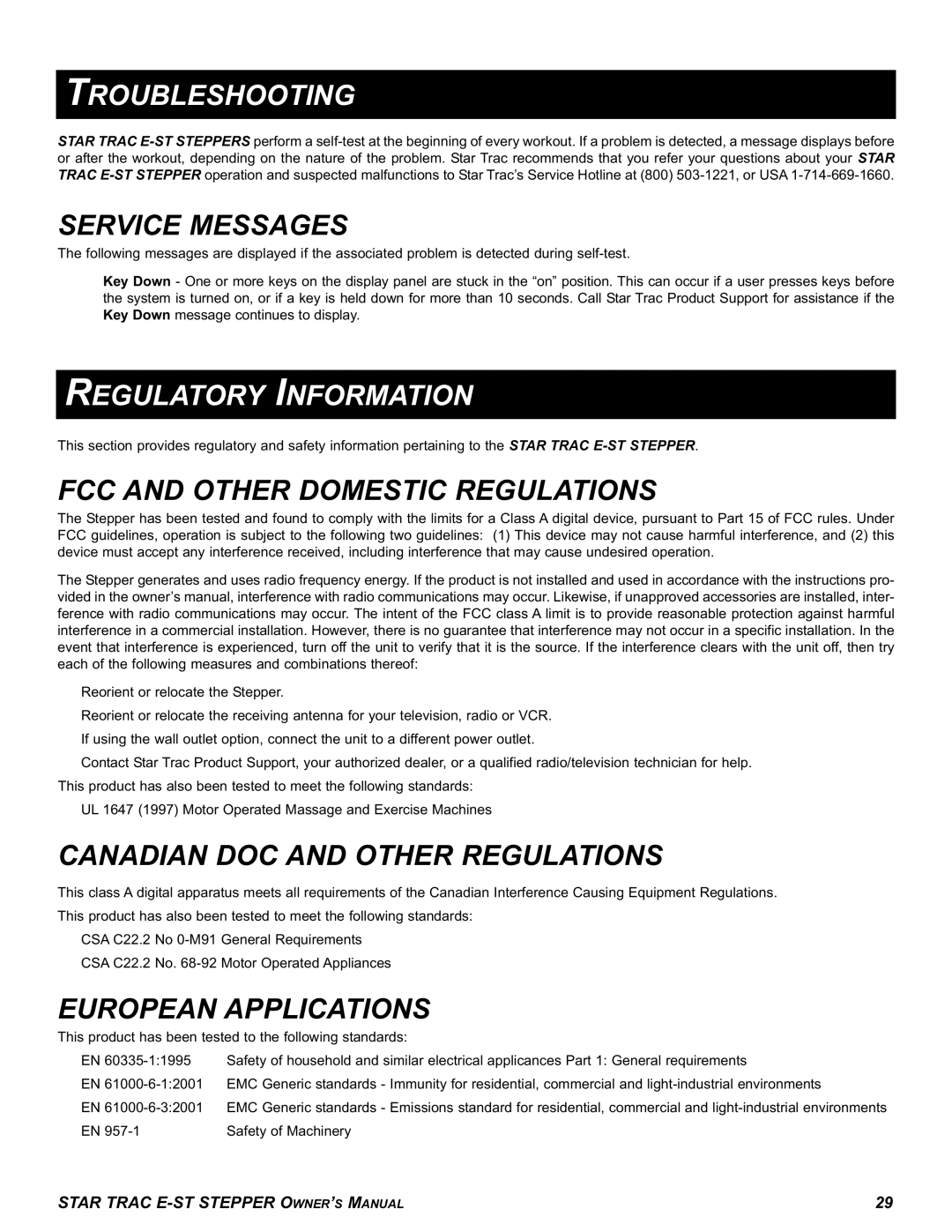 Star Trac E-ST manual Troubleshooting, Regulatory Information 