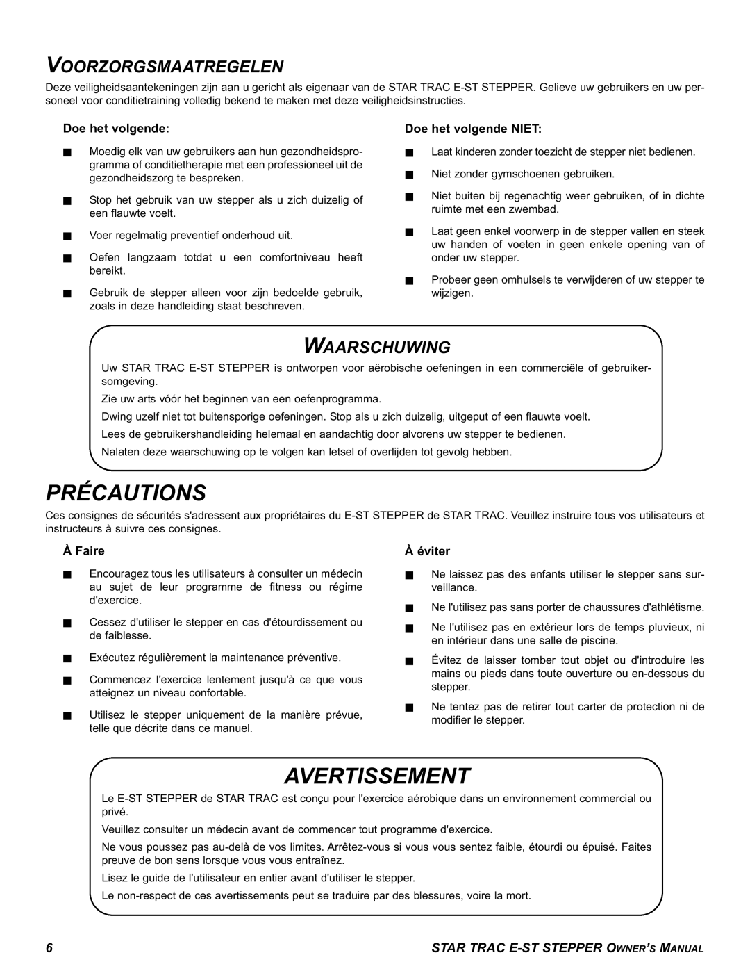 Star Trac E-ST manual Précautions, Avertissement, Voorzorgsmaatregelen, Waarschuwing 