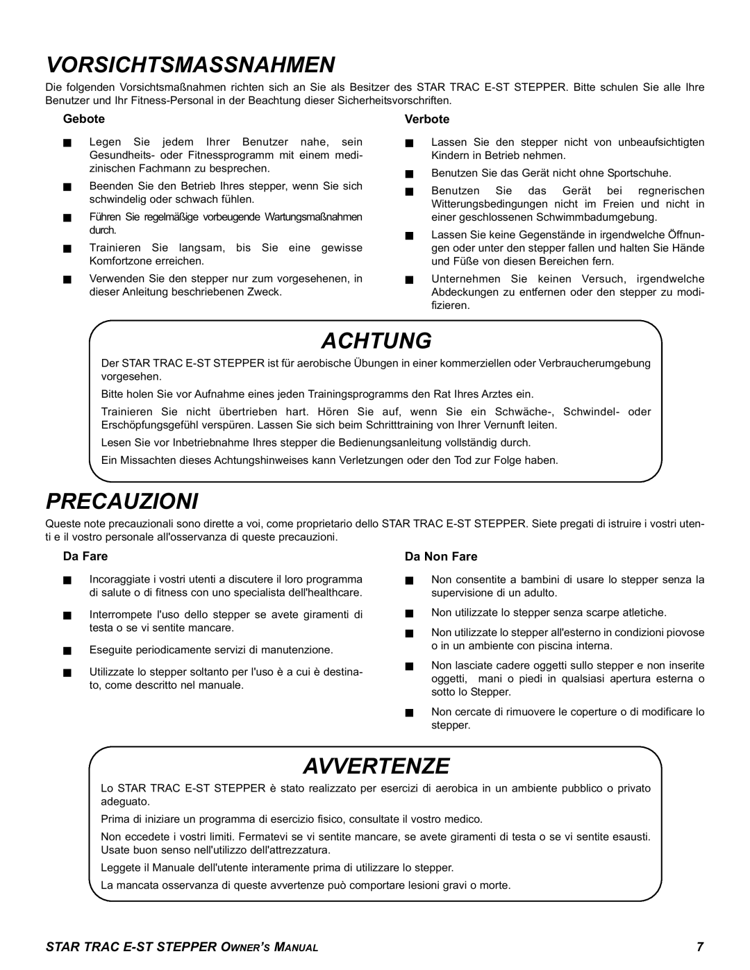 Star Trac E-ST manual Vorsichtsmassnahmen, Achtung, Precauzioni, Avvertenze 