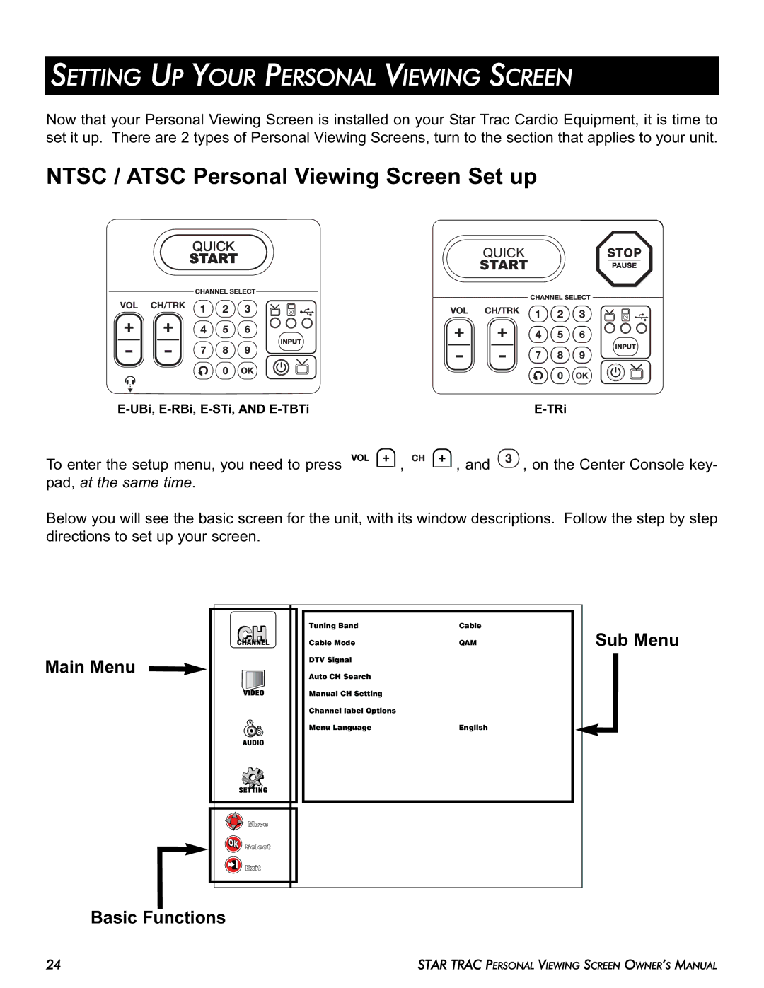 Star Trac E-TRi, E-STi, E-TBTi, E-RBi, E-UBi manual Setting UP Your Personal Viewing Screen, Basic Functions Sub Menu 