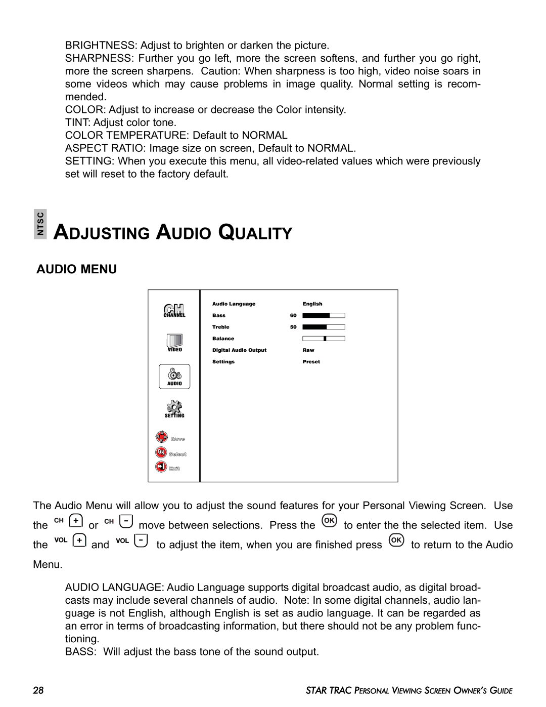 Star Trac E-UBi, E-STi, E-TBTi, E-RBi, E-TRi manual Adjusting Audio Quality, Audio Menu 