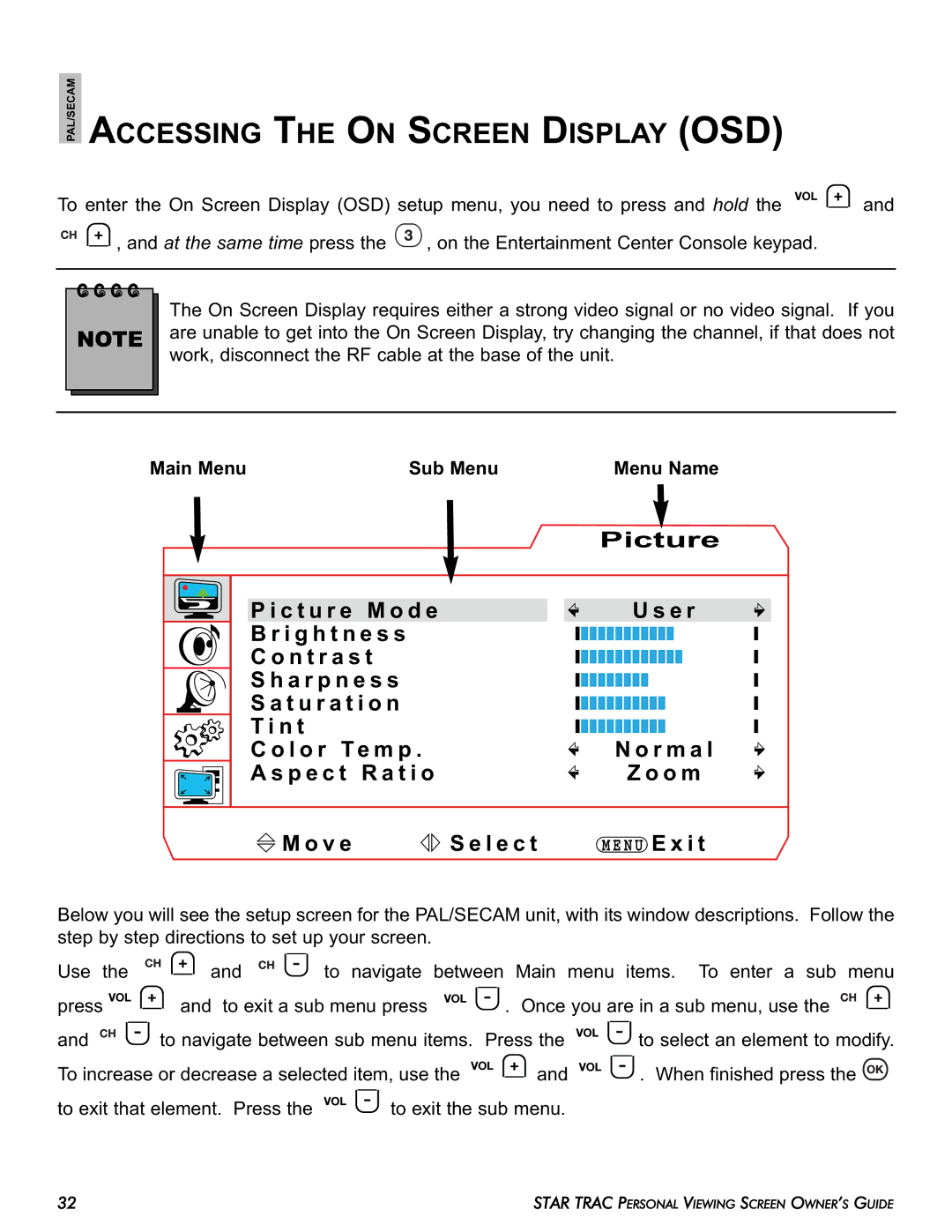 Star Trac E-RBi, E-STi, E-TBTi, E-UBi, E-TRi manual Accessing the on Screen Display OSD, Main Menu Sub Menu Menu Name 