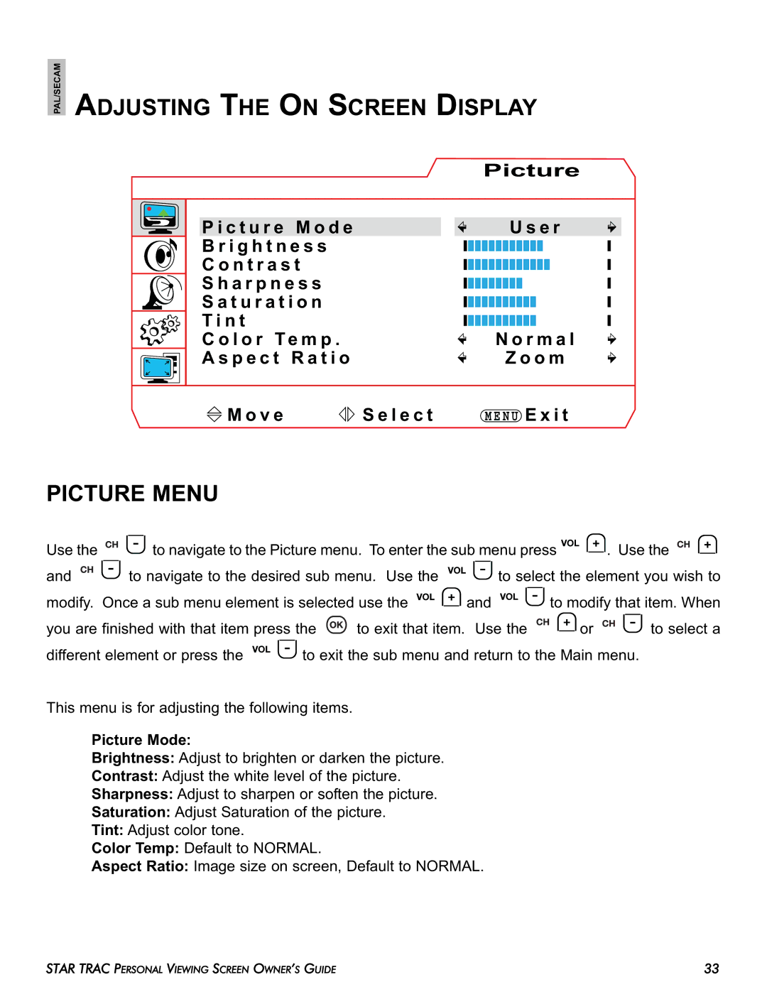 Star Trac E-UBi, E-STi, E-TBTi, E-RBi, E-TRi manual Adjusting the on Screen Display, Picture Menu, Picture Mode 