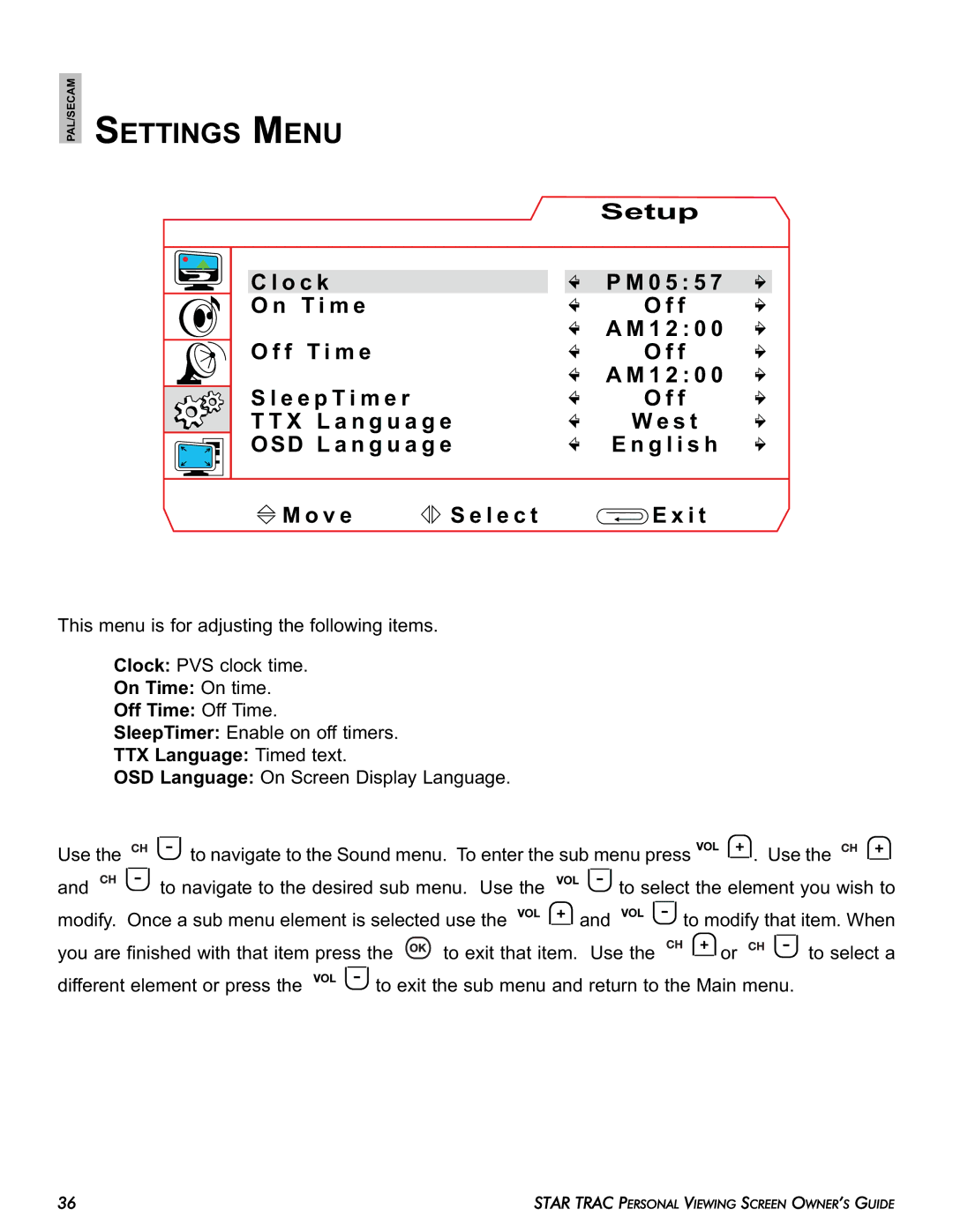 Star Trac E-TBTi, E-STi, E-RBi, E-UBi, E-TRi manual Settings Menu, On Time On time Off Time Off Time, TTX Language Timed text 