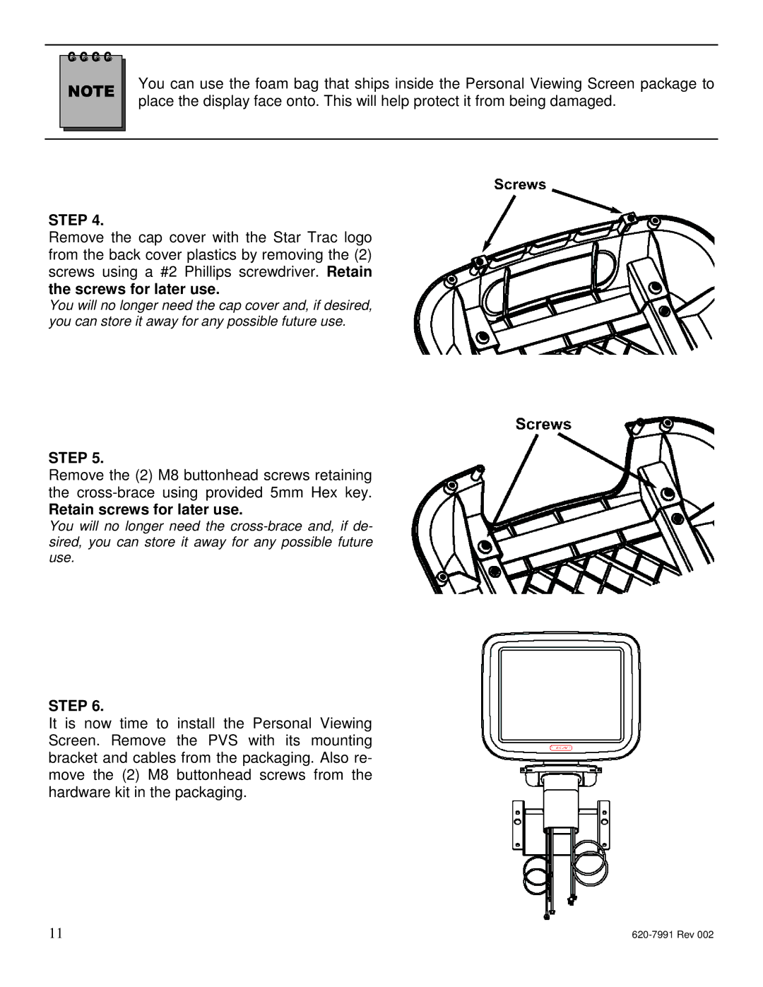 Star Trac E-TBTi, E-STi, E-RBi, E-UBi, E-TRi manual Retain screws for later use 