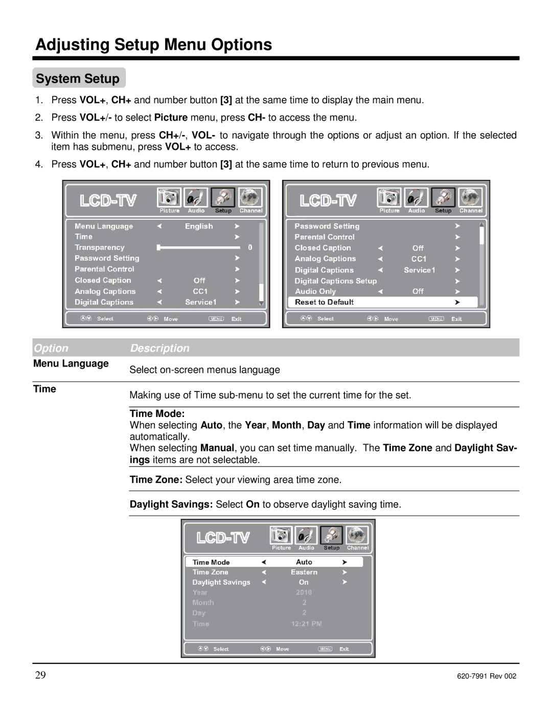 Star Trac E-TRi, E-STi, E-TBTi, E-RBi, E-UBi manual Adjusting Setup Menu Options, System Setup, Menu Language, Time Mode 