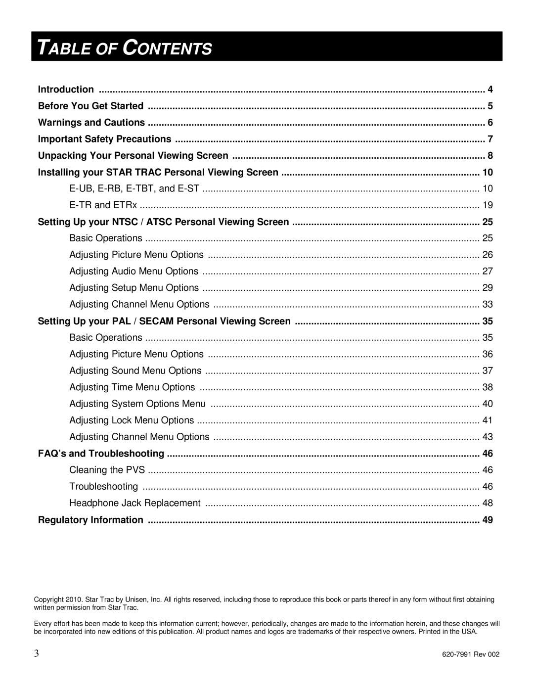 Star Trac E-UBi, E-STi, E-TBTi, E-RBi, E-TRi manual Table of Contents 