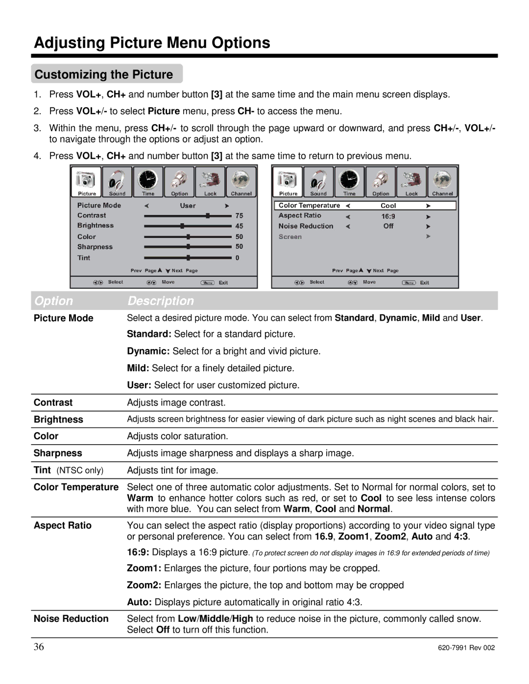 Star Trac E-TBTi, E-STi, E-RBi, E-UBi, E-TRi manual Customizing the Picture, Aspect Ratio, Noise Reduction 