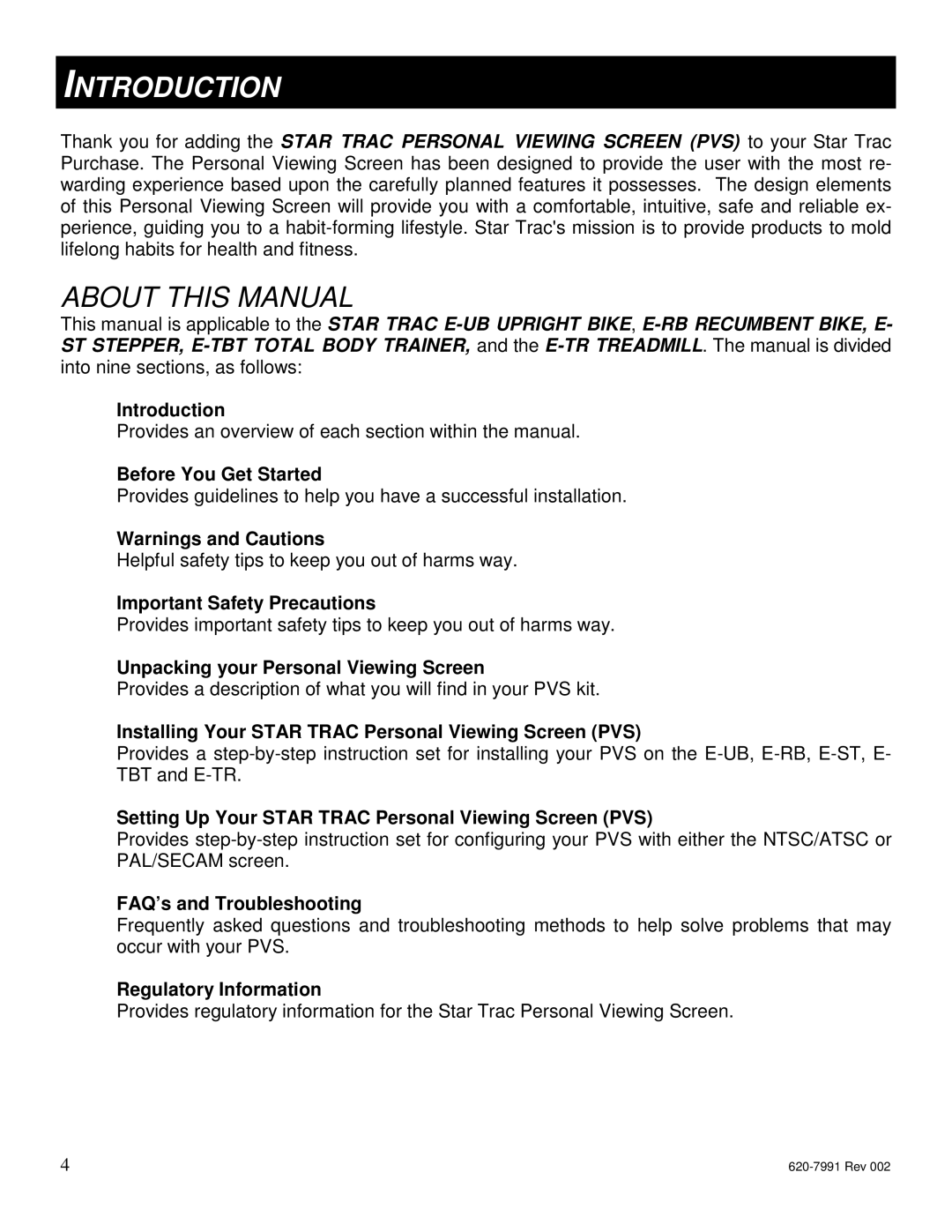 Star Trac E-TRi, E-STi, E-TBTi, E-RBi, E-UBi manual Introduction 