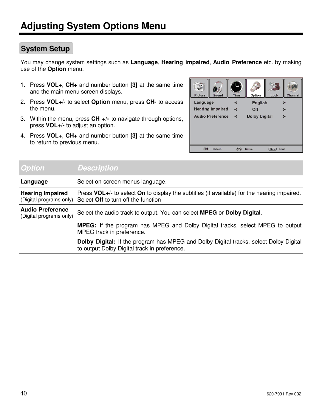 Star Trac E-STi, E-TBTi, E-RBi, E-UBi, E-TRi manual Adjusting System Options Menu, Language, Hearing Impaired, Audio Preference 