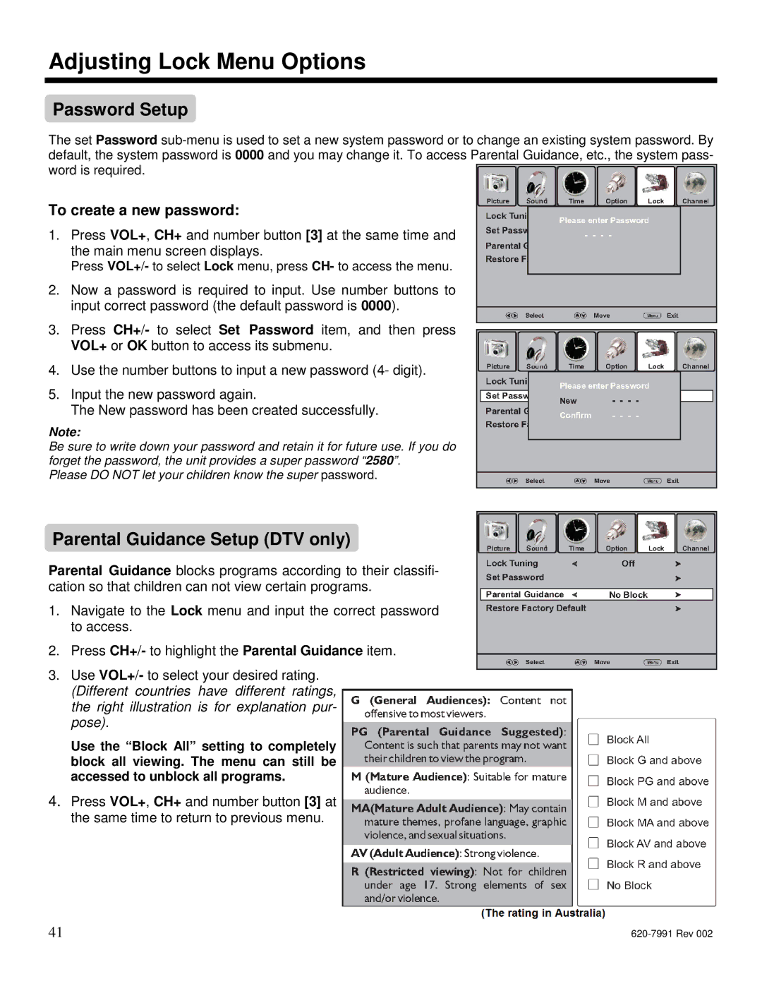 Star Trac E-TBTi Adjusting Lock Menu Options, Password Setup, Parental Guidance Setup DTV only, To create a new password 