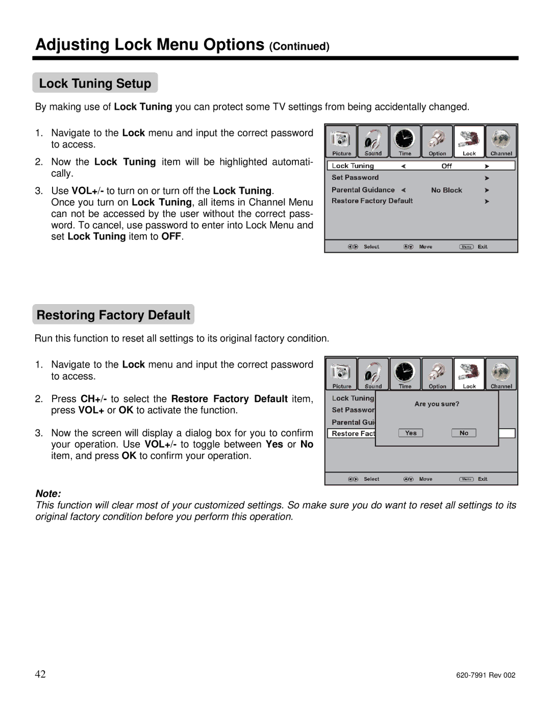 Star Trac E-RBi, E-STi, E-TBTi, E-UBi, E-TRi manual Lock Tuning Setup, Restoring Factory Default 