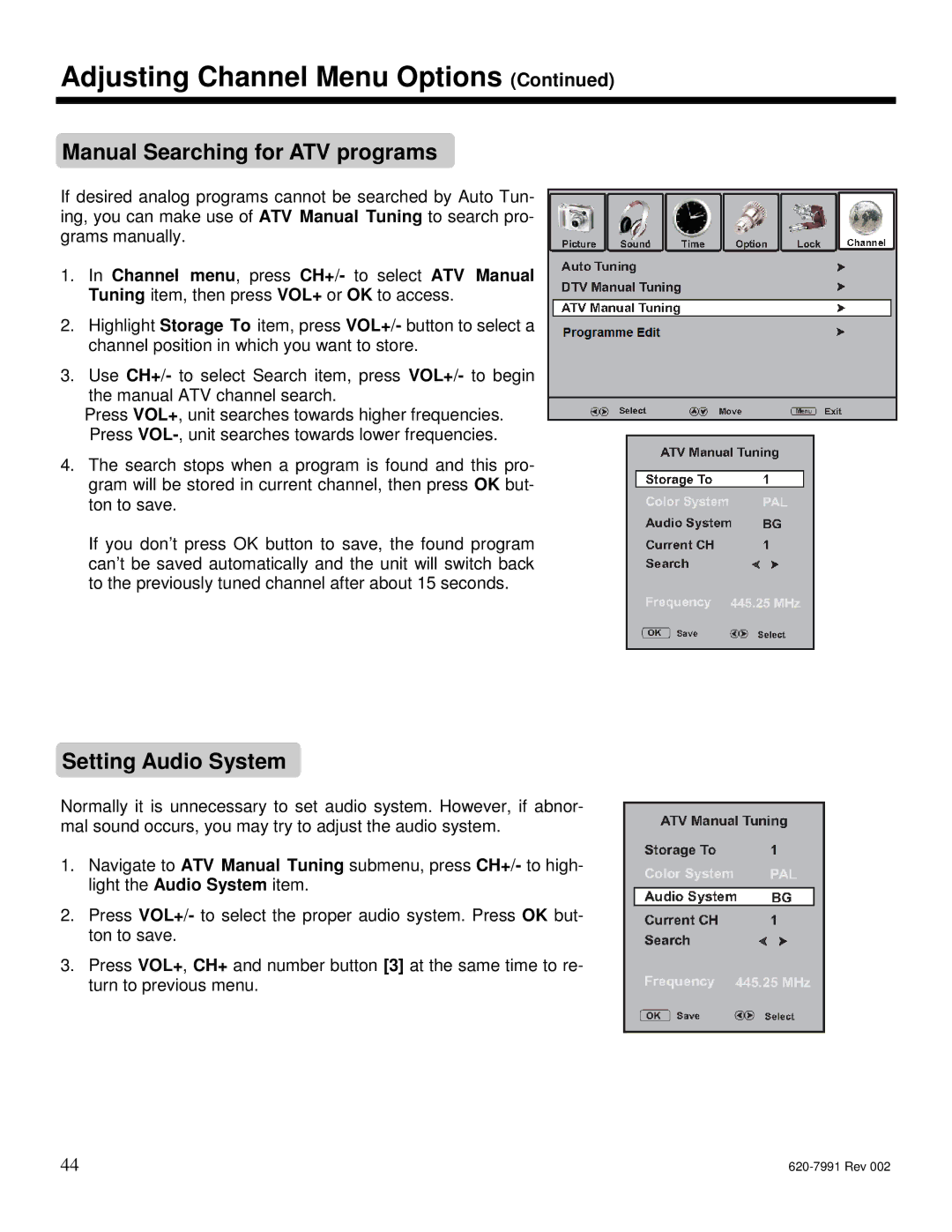 Star Trac E-TRi, E-STi, E-TBTi, E-RBi, E-UBi manual Manual Searching for ATV programs, Setting Audio System 