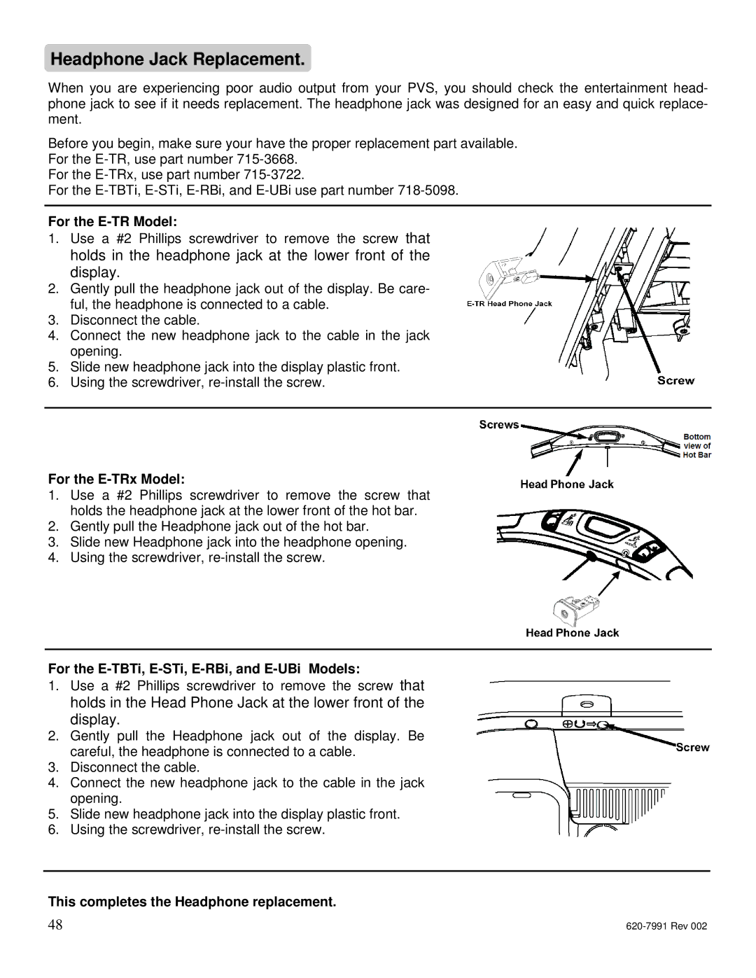 Star Trac E-UBi, E-STi, E-TBTi, E-RBi, E-TRi manual Headphone Jack Replacement, For the E-TR Model, For the E-TRx Model 