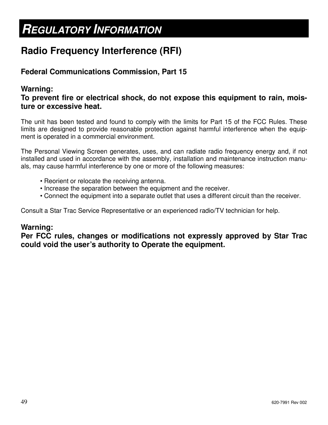 Star Trac E-TRi, E-STi, E-TBTi, E-RBi, E-UBi manual Regulatory Information, Radio Frequency Interference RFI 