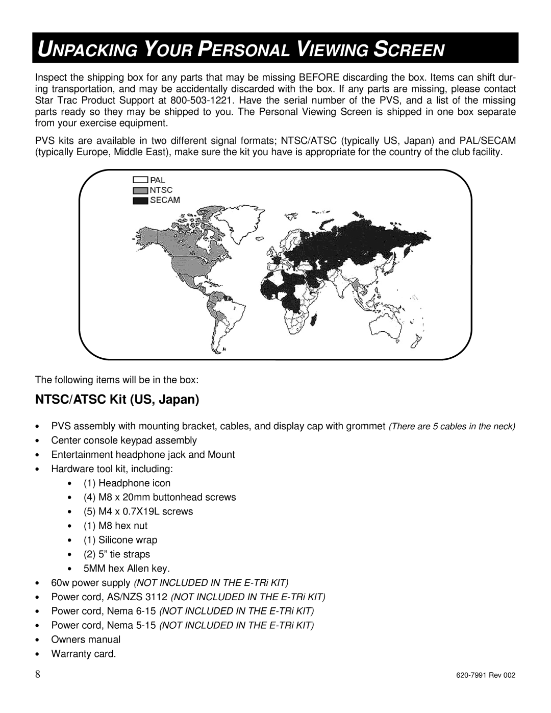 Star Trac E-UBi, E-STi, E-TBTi, E-RBi, E-TRi manual Unpacking Your Personal Viewing Screen, NTSC/ATSC Kit US, Japan 
