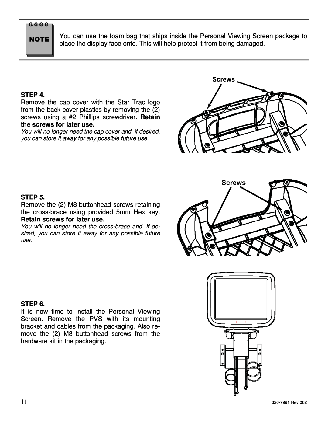 Star Trac E-TBTi, E-STi, E-RBi, E-UBi, E-TRi manual Step, Retain screws for later use 