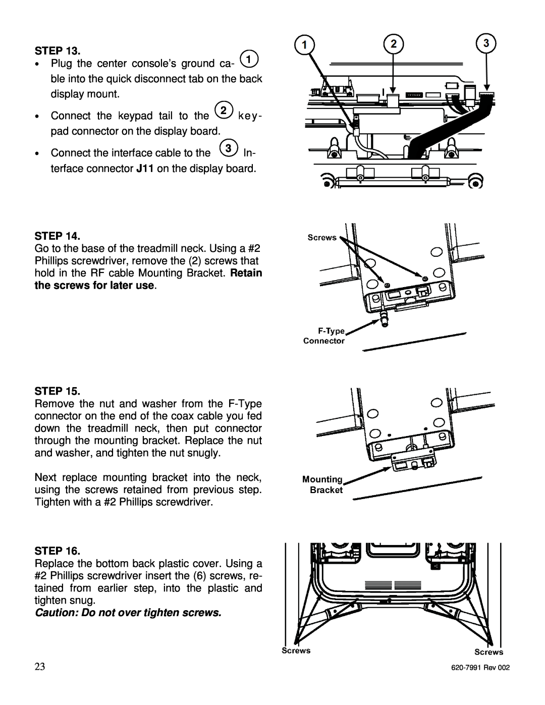 Star Trac E-UBi, E-STi, E-TBTi, E-RBi, E-TRi manual Step, Caution Do not over tighten screws 