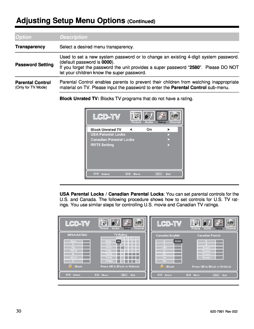 Star Trac E-STi Adjusting Setup Menu Options Continued, Description, Transparency, Password Setting, Parental Control 