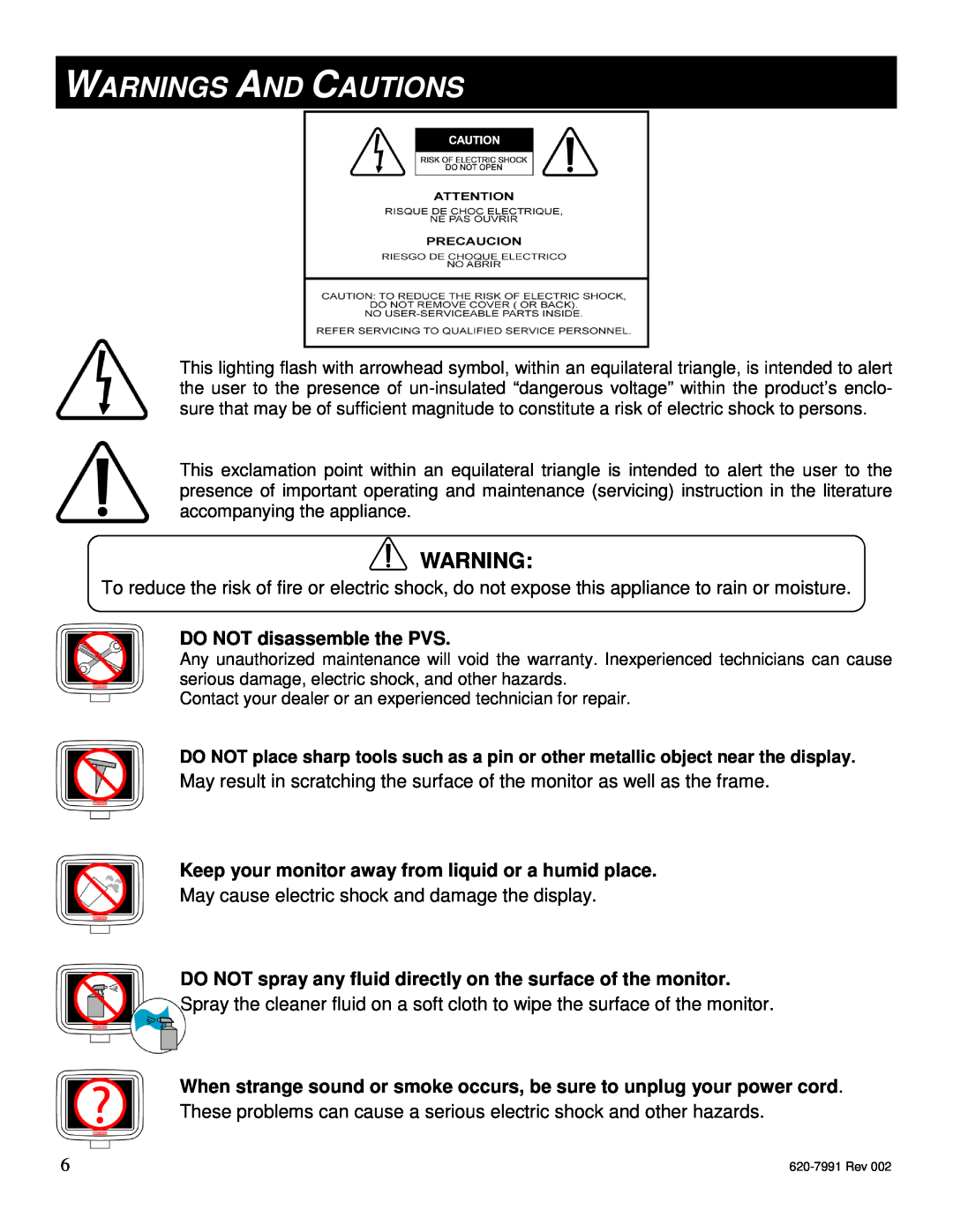Star Trac E-TBTi Warnings And Cautions, DO NOT disassemble the PVS, Keep your monitor away from liquid or a humid place 