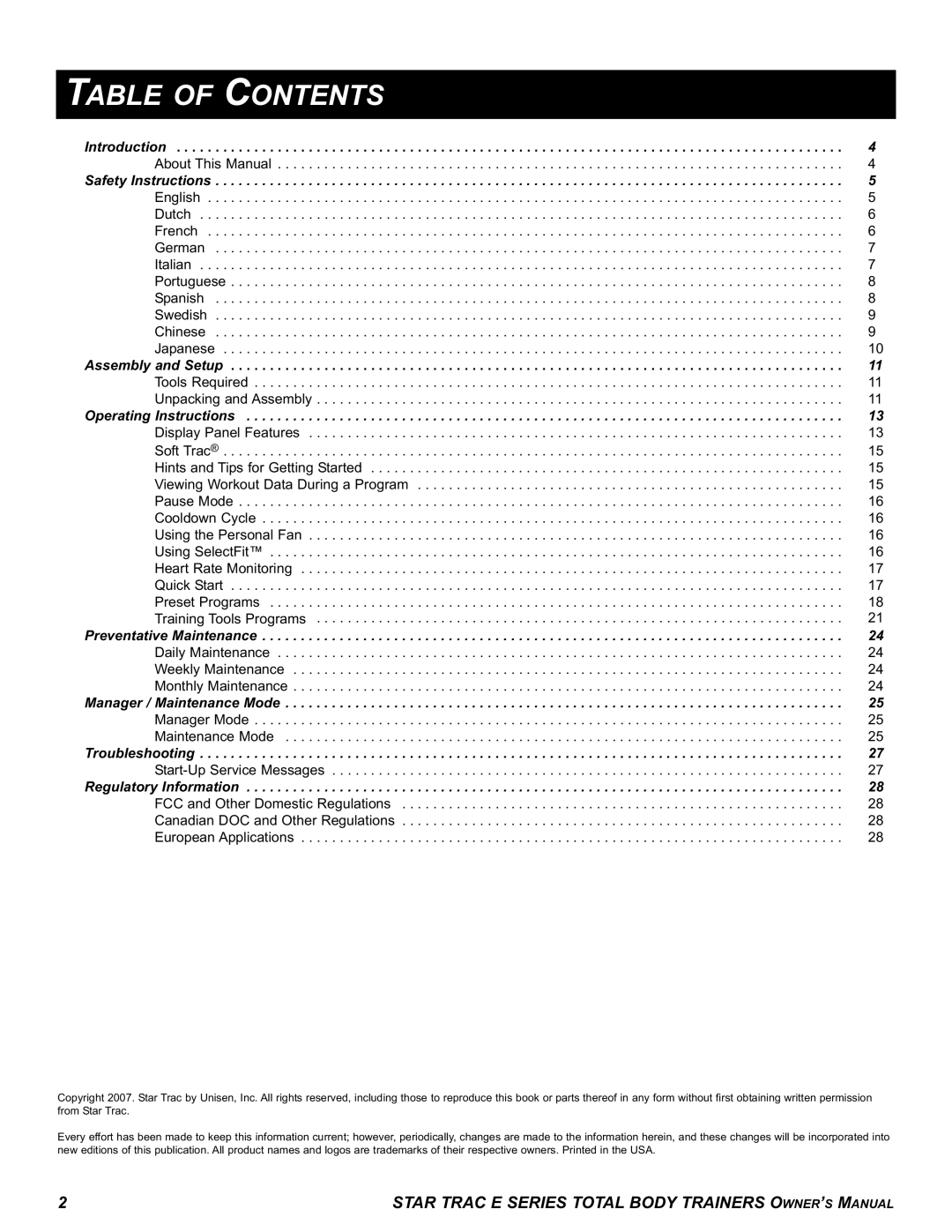 Star Trac E-TBT manual Table of Contents 