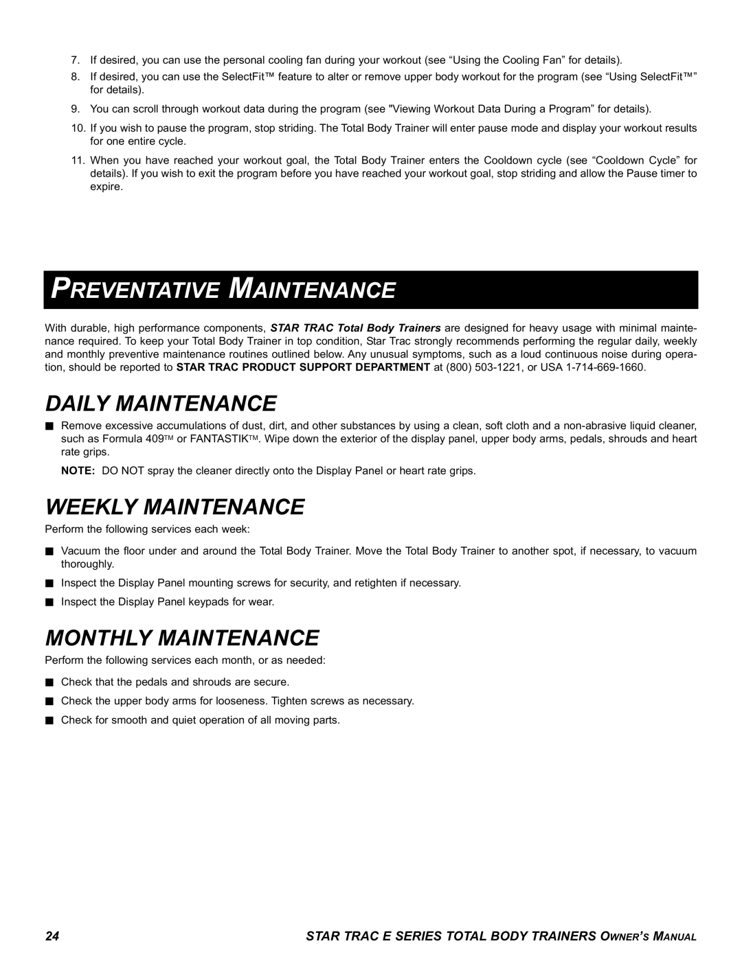 Star Trac E-TBT manual Preventative Maintenance, Daily Maintenance, Weekly Maintenance, Monthly Maintenance 