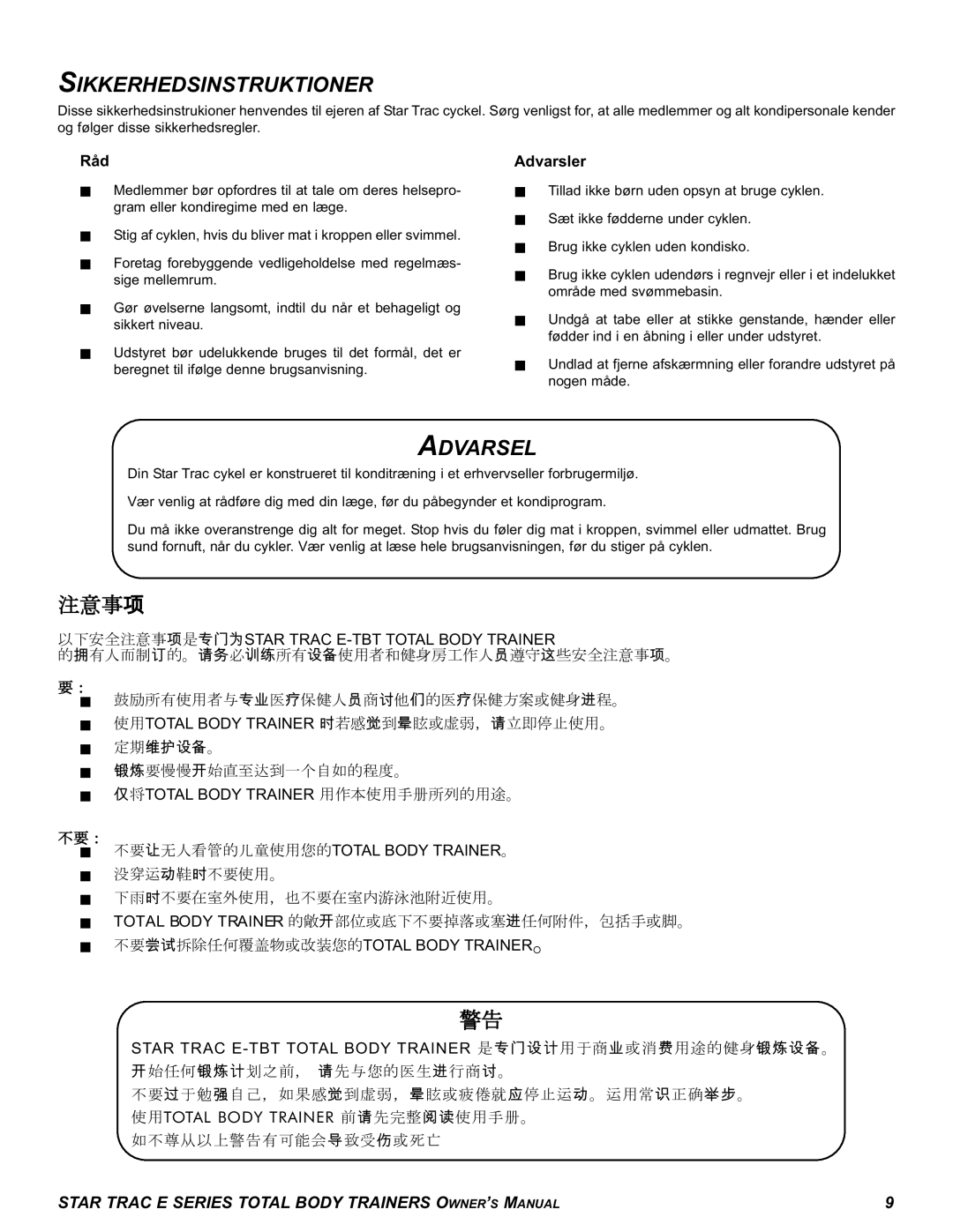 Star Trac E-TBT manual Sikkerhedsinstruktioner, Råd, Advarsler 