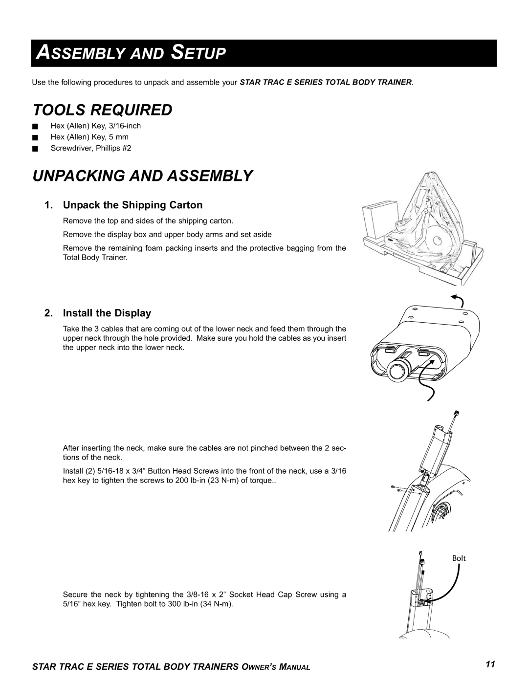 Star Trac E-TBT manual Assembly and Setup, Tools Required, Unpacking and Assembly 