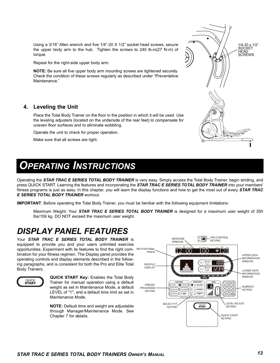 Star Trac E-TBT manual Operating Instructions, Display Panel Features 