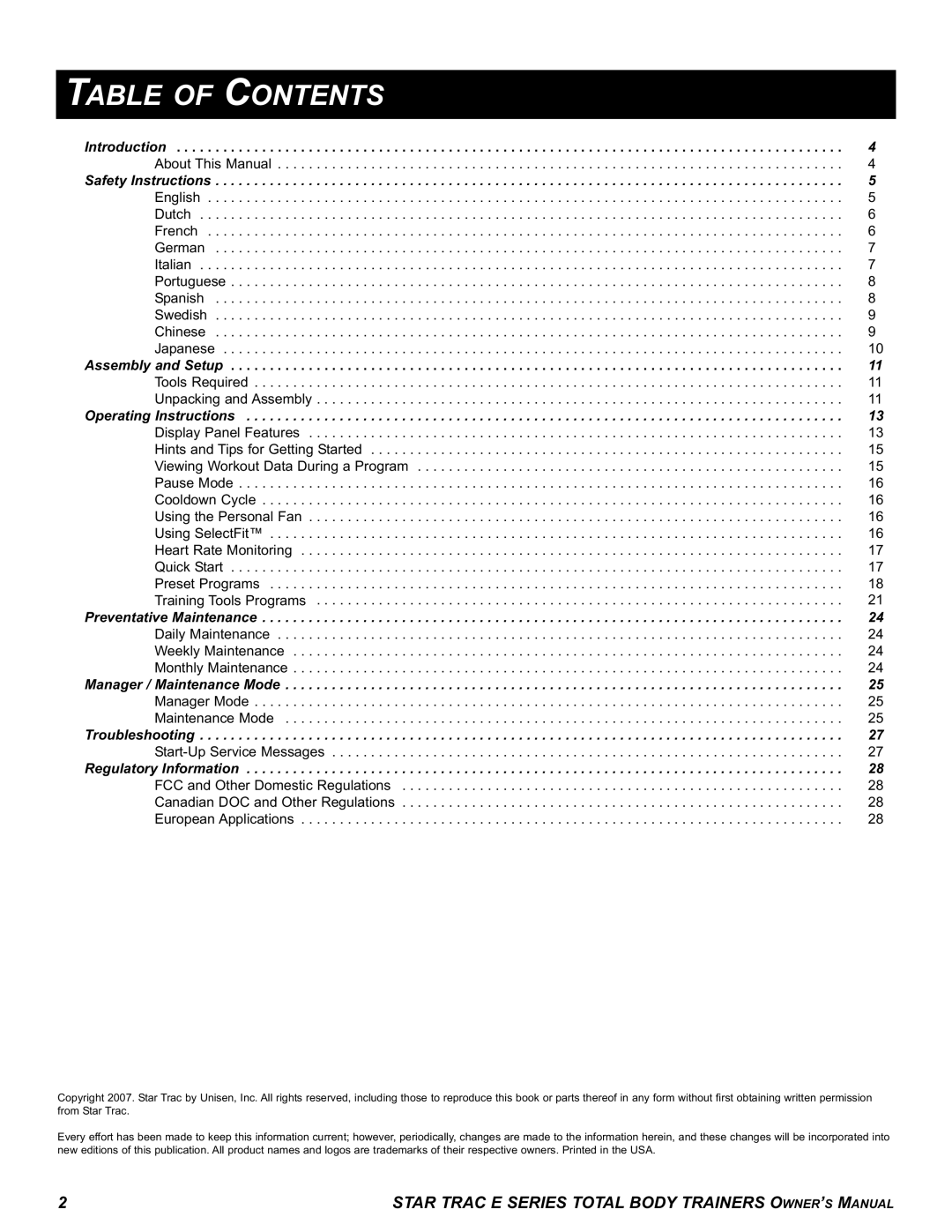 Star Trac E-TBT manual Table of Contents 