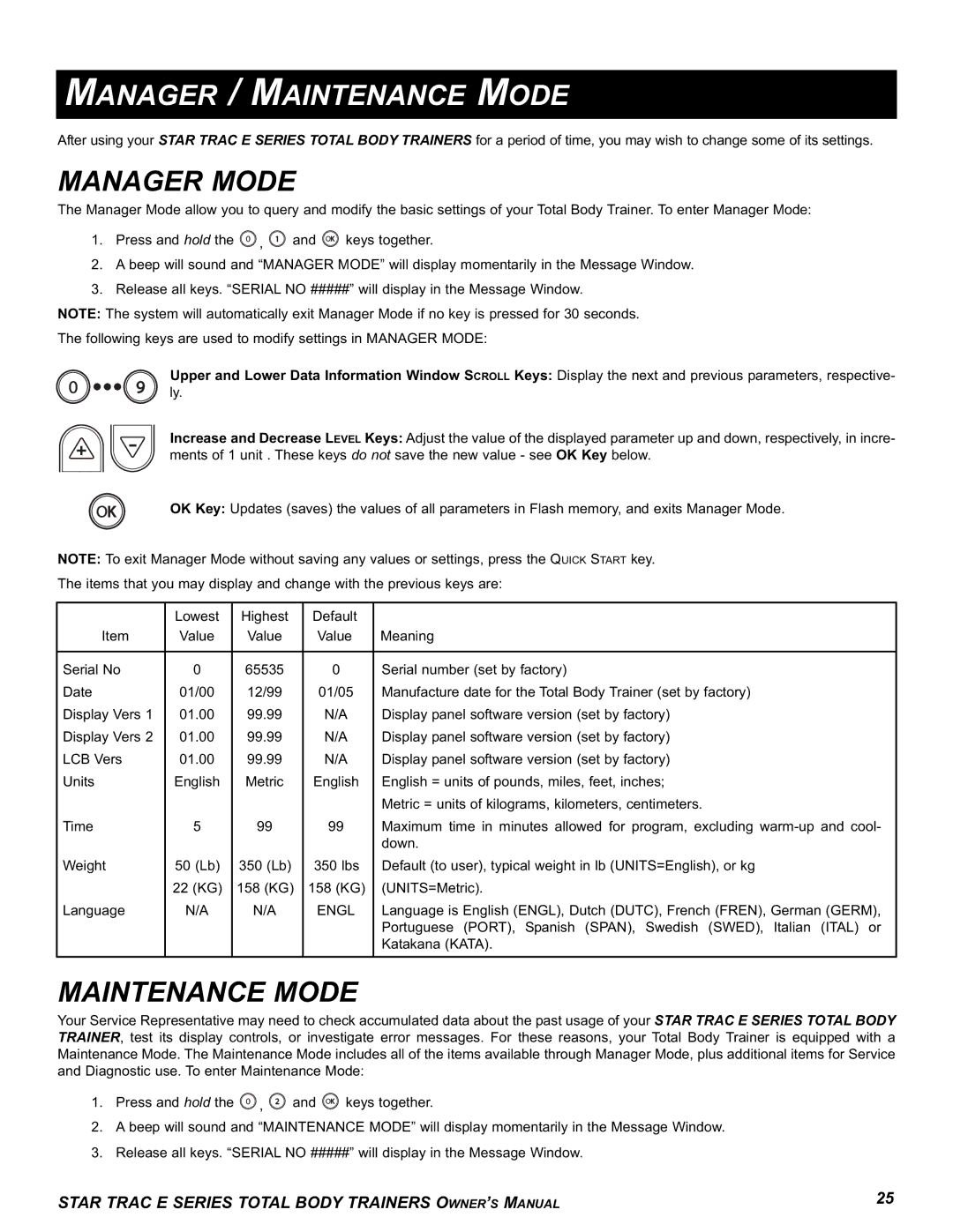 Star Trac E-TBT manual Manager / Maintenance Mode, Manager Mode 