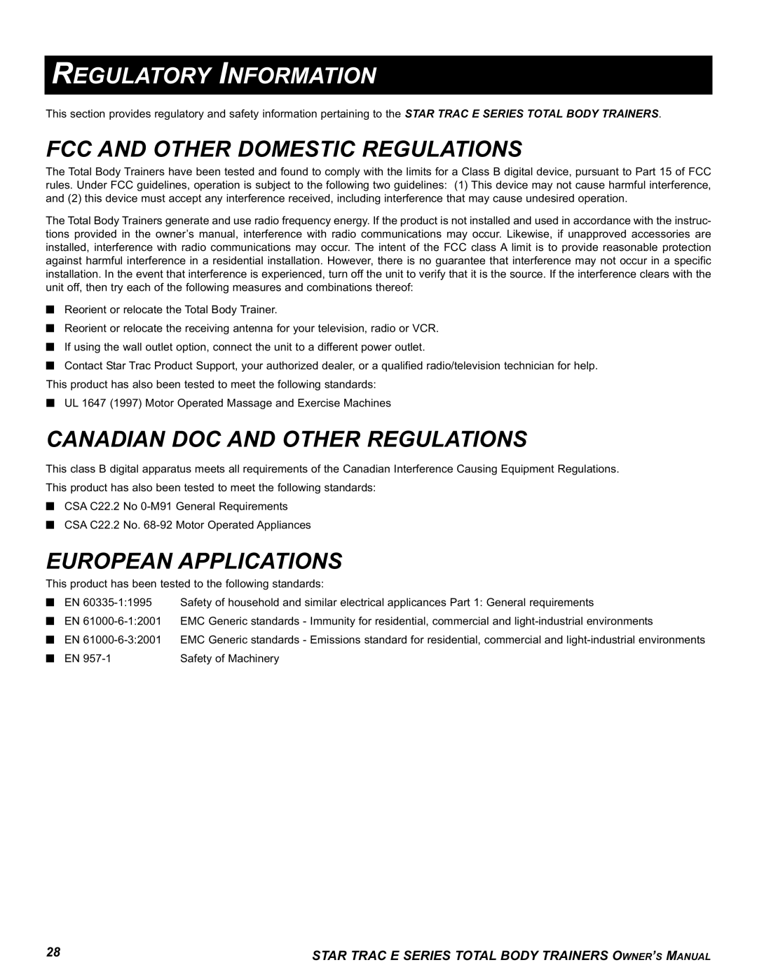 Star Trac E-TBT manual Regulatory Information, FCC and Other Domestic Regulations, Canadian DOC and Other Regulations 